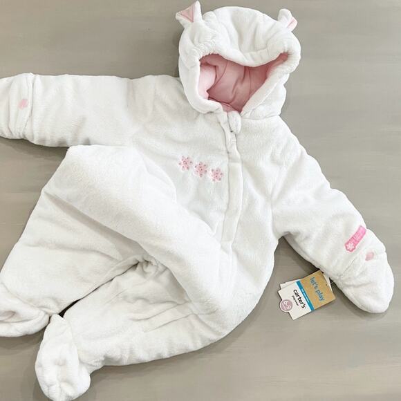 Carters Infant Baby Girl Bunting Snowsuit Mouse White Pink Faux Fur NWT 6-9M - Picture 10 of 10